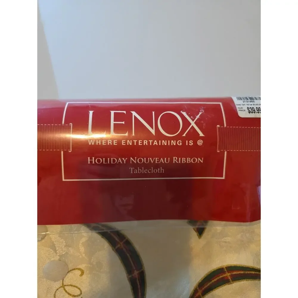 LENOX HOLIDAY NOUVEAU Red Green Ivory CHRISTMAS Holly Ribbon TABLECLOTH 60X140